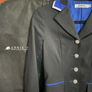 Annie’s Equestrian Black Show Coat with Royal Blue Accents - Woman’s Size XS